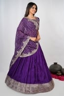 Violet Purple Pleated Lehenga in Chinon Silk with Woven Border