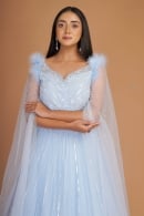 Light Blue Sequin and Cutdana Work Floor Length Gown in Net with Cape Sleeves