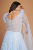 Light Blue Sequin and Cutdana Work Floor Length Gown in Net with Cape Sleeves