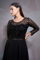 Black Fancy Gown in Crepe with Cutdana Work Sheer Net Detailing On The Bodice