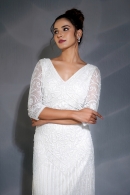 Pearl White Embellished Heavy Work Gown in Net with Bead and Sequins Work