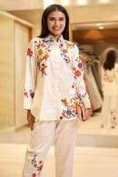 Pearl White Thread Embroidery Shirt Style Co-Ord Pant Set in Rayon