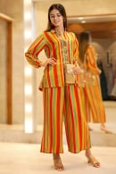 Multi Colored Stripes Printed Shirt Style Co-Ord Palazzo Set in Rayon