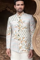 Off White Silk Jodhpuri Kurta Set with Multi Colored Thread Embroidery Work Jacket