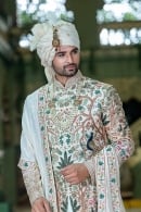 Cream Embroidery and Zardosi Work Sherwani Set in Silk
