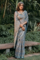 Grey and Light Blue Tussar Silk Woven Saree