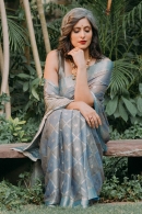 Grey and Light Blue Tussar Silk Woven Saree