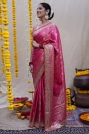 Coral Pink Silk Traditional Floral Woven Saree