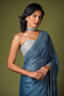 Slate Blue Saree in Satin Silk with Beads and Diamond Embellished Border
