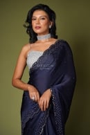 Navy Blue Beads and Diamond Embellished Border Saree in Satin Silk