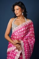 Organza Silk Floral Motifs Pink Saree in Embroidery Sequins Border