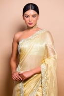 Golden Woven Stripes Saree in Tissue with Cutdana and Beads Embellished Border