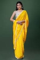 Yellow Bandhej Print Saree in Satin with Lace