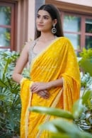 Yellow Bandhej Print Saree in Satin with Lace