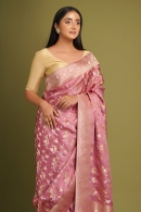 Onion Pink Traditional Woven Jaal Saree in Satin Silk