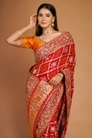 Red Bandhej Checks Woven Gharchola Saree in Gaji Silk with Embroidery