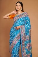 Azure Blue Gaji Silk Traditional Bandhej Saree with Embroidered Border and Pallu