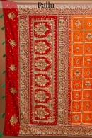 Orange Checks Embroidered Gharchola Saree in Silk with Contrast Border and Pallu