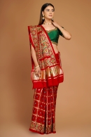 Maroon Checks Woven Gharchola Saree in Silk with Embroidery and Applique Work