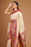 Cream Traditional Paithani Woven Saree in Silk with Golden Border and Pallu