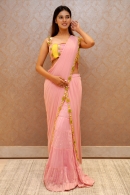 Pink Draped Sharara Saree in Georgette with Cutdana Worked Blouse