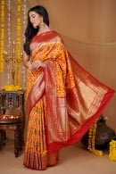 Orange Traditional Patola Woven Saree in Silk with Contrast Border and Pallu
