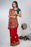 Red Traditional Gharchola Saree in Silk with Embroidered Peacock Motifs