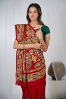 Red Traditional Gharchola Saree in Silk with Embroidered Peacock Motifs