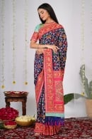 Blue Embroidery and Mirror Work Saree in Silk with Bird and Elephant Motifs