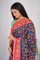Blue Embroidery and Mirror Work Saree in Silk with Bird and Elephant Motifs