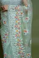 Mint Green Net Thread Embroidered and Swarovski Worked Saree