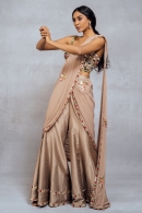 Taupe Raw Silk Fancy Crop Top Palazzo with Attached Dupatta