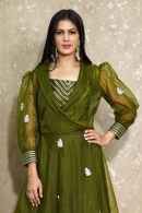 Olive Green Silk Crop Top Palazzo Suit with Jacket