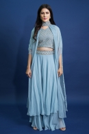 Light Blue Raw Silk Fancy Crop Top with Palazzo