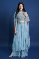 Light Blue Raw Silk Fancy Crop Top with Palazzo