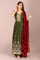 Army Green Palazzo Suit in Georgette with Hand Work and Embroidery