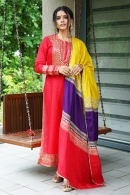 Red Silk Straight Cut Suit with Sequins Work