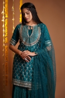 Blue Raw Silk Sharara Suit with Embroidery