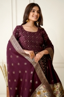 Dark Purple Georgette Silk Anarkali Suit with Golden Floral Woven Border