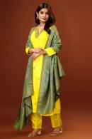 Lime Yellow Silk Woven Suit with Zardosi