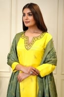 Lime Yellow Silk Woven Suit with Zardosi