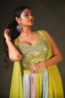 Lime Green Mirror Embroidered Crop Top and Sequin Palazzo Set in Raw Silk with Jacket