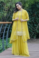Yellow Palazzo Suit in Georgette with Mirror Work Neckline