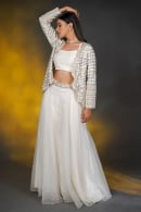 Off White Raw Silk Crop Top Palazzo Set with Heavy Work Jacket