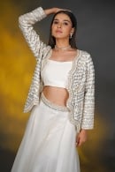 Off White Raw Silk Crop Top Palazzo Set with Heavy Work Jacket