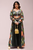 Black Crop Top Palazzo Set in Satin with Floral Printed Long Jacket