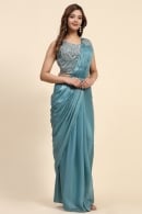 Turquoise Blue Satin Readymade Saree with Patch Work