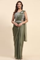 Olive Green Satin Readymade Saree with Patch Work