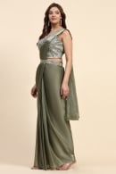 Olive Green Satin Readymade Saree with Patch Work