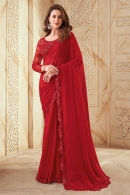 Crimson Red Stripes Saree in Georgette with Net Sequins Border